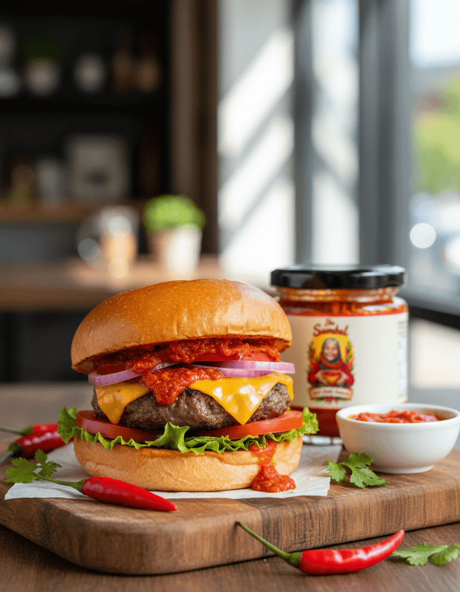 Red on a gourmet burger